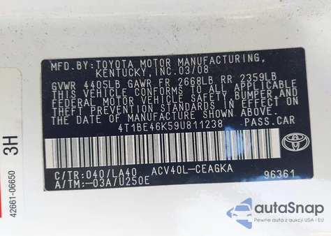 2009 Toyota Camry Xle из США, поврежденный, VIN 4T1BE46K59U811238